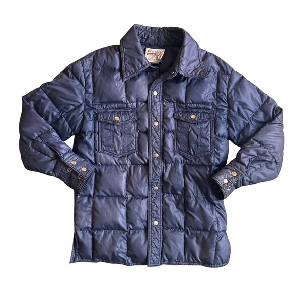 Vtg Kentfield Men L Down Puffer Jacket 80s Snap Button Navy Quilted Chest Pocket - Picture 1 of 8